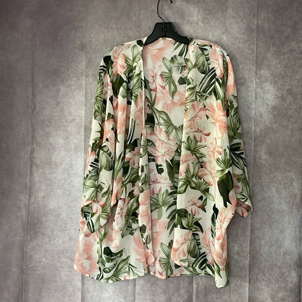 Pink & Green Tropical Floral Leaf Kimono | Size XXXL